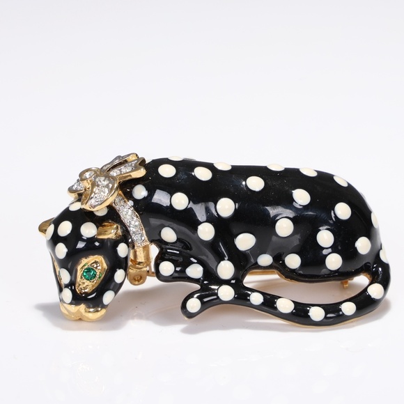 Kenneth Jay Lane Jewelry - Vintage Kenneth Jay Lane Enamel Black Jaguar Crystal Pin Brooch